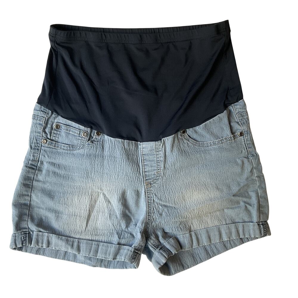 Oh! Mamma Women Shorts L Blue Cotton Nylon Maternity Button Stretch 2" Inseam